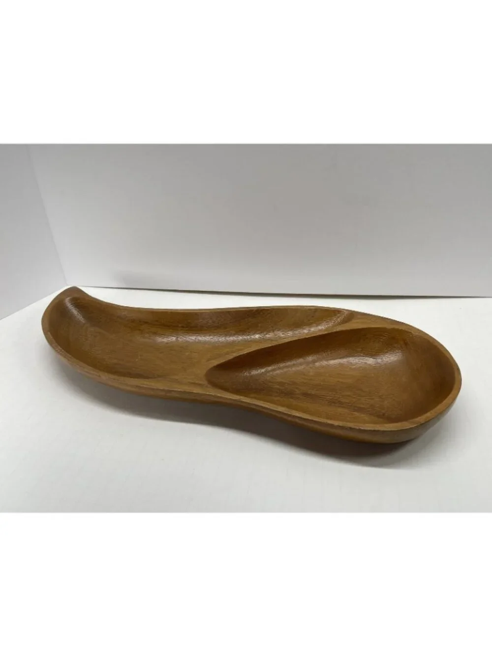 Vintage MCM Hand Carved Wood Divided Tear Drop Dish Bowl Large Teak Teardrop 60s